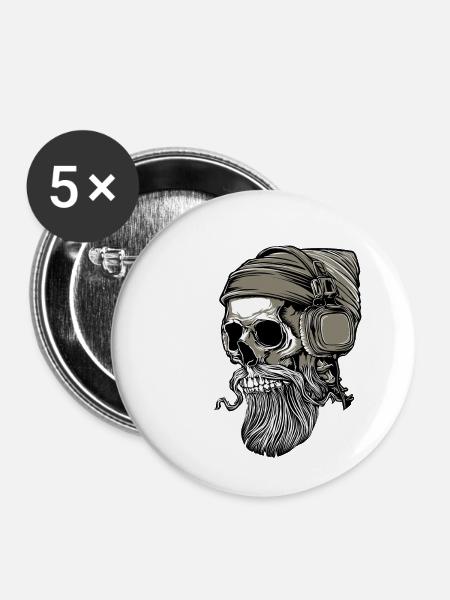 Bart Hipster Skull mit Kopfhörer - Buttons klein 25 mm (5er Pack) - Weiß
