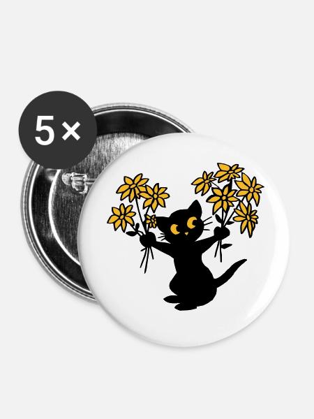 Die Katze mit Blumen - Buttons klein 25 mm (5er Pack) - Weiß