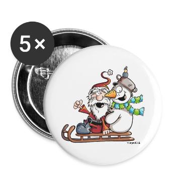 Santa Claus and Snowman - Sledge - Christmas - Buttons small 1''/25 mm (5-pack) - white - Front