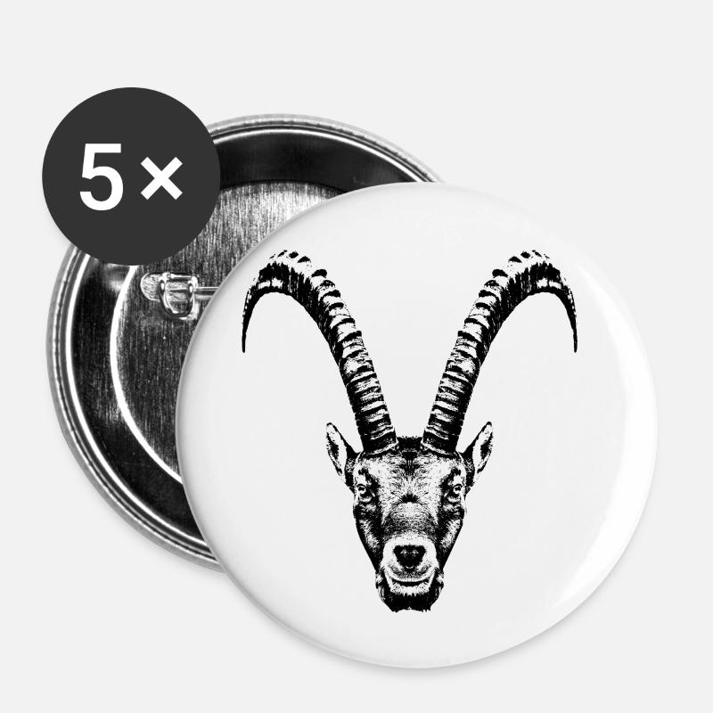 Steinbock / Kopf / Ibex / frontal - Buttons klein 25 mm (5er Pack) - Weiß