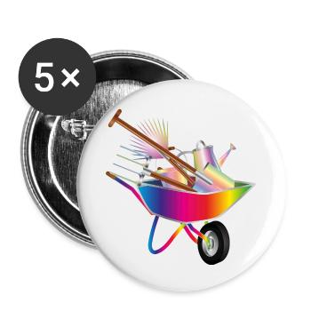 Outils de jardinage colorés dans une brouette - Lot de 5 petits badges (25 mm) - blanc - Devant