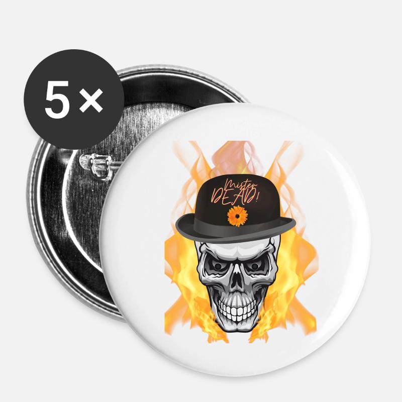 motard, tête de mort, feu - Lot de 5 petits badges (25 mm) - blanc