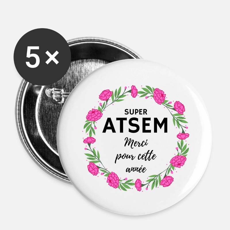 Super Atsem Merci pour cette année fleurs rose - Lot de 5 petits badges (25 mm) - blanc