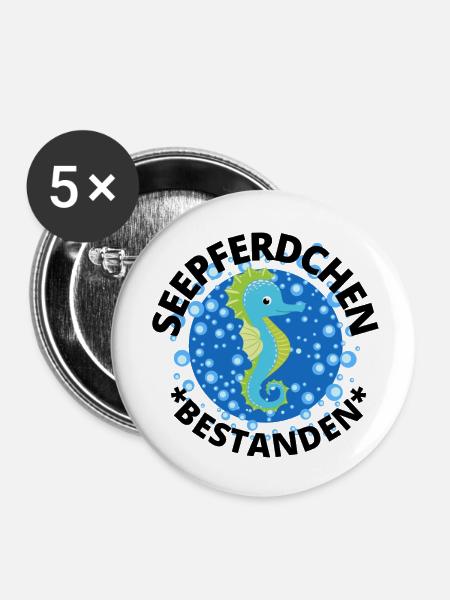 SEEPFERDCHEN "Schwimmabzeichen" "schwimm" - Buttons klein 25 mm (5er Pack) - Weiß