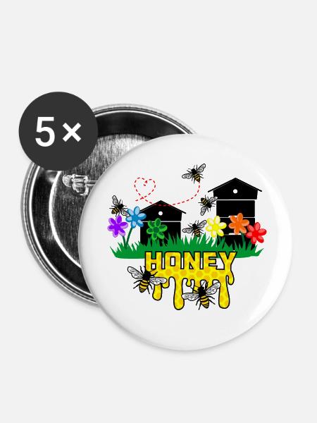 Honiggewächshäuser oder Bienenstöcke mit Bienen - Buttons klein 25 mm (5er Pack) - Weiß