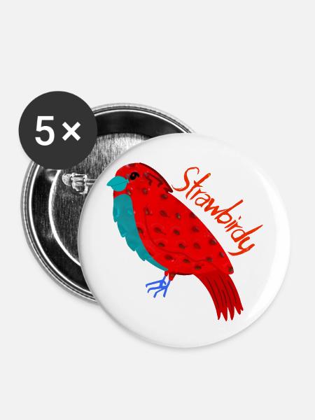 Bird and Strawberry. Strawbirds - Buttons small 1''/25 mm (5-pack) - white