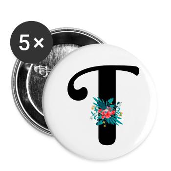 lettre T fleuris - Lot de 5 petits badges (25 mm) - blanc - Devant