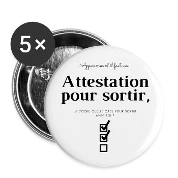 Drague attestation de sortie - Lot de 5 petits badges (25 mm) - blanc - Devant