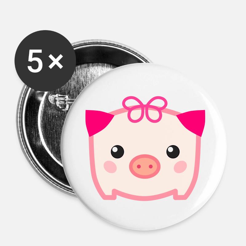 Cochon mignon Kawaii - Lot de 5 petits badges (25 mm) - blanc