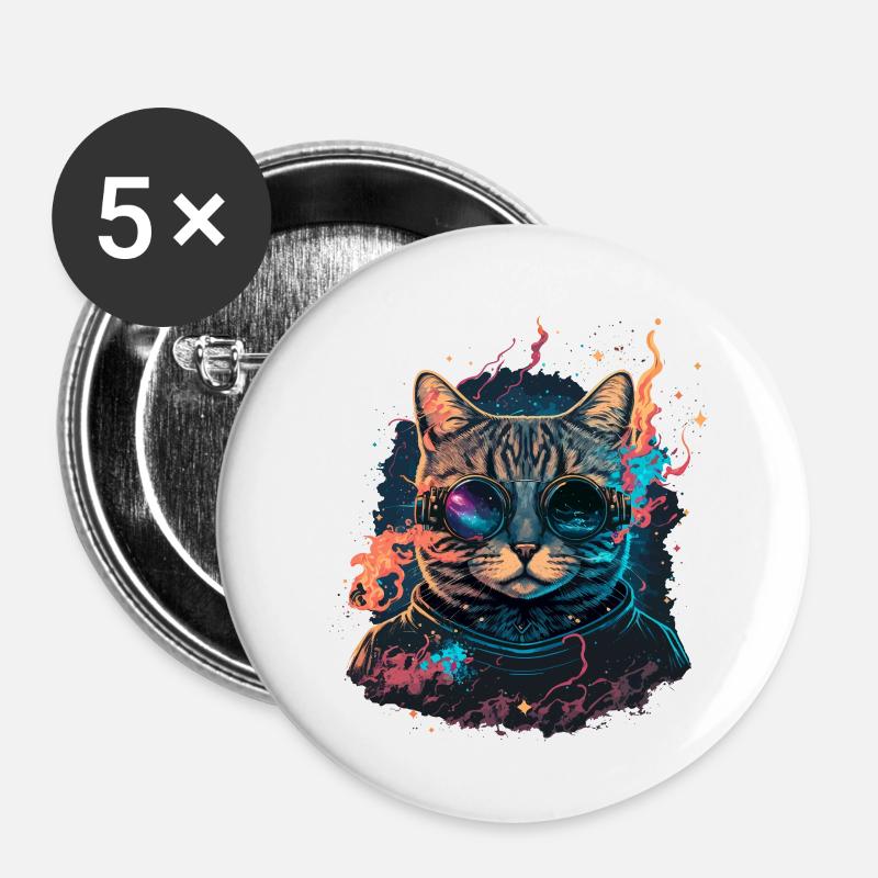 Chat Galaxy - Lot de 5 petits badges (25 mm) - blanc