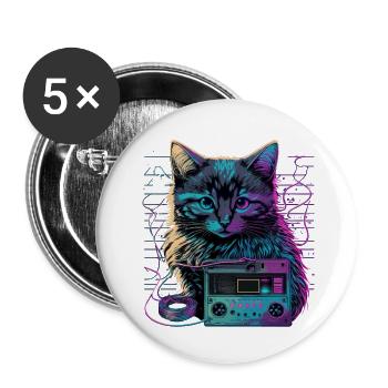 Chat avec cassette - Lot de 5 petits badges (25 mm) - blanc - Devant