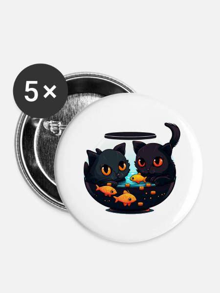 Black Cat Cat Kitten Goldfish - Buttons small 1''/25 mm (5-pack) - white