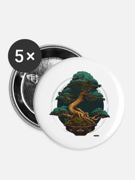 Goldener Bonsai - Buttons klein 25 mm (5er Pack) - Weiß
