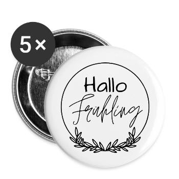 "Hallo Frühling" Frühlingsspruch, Frühlingskranz - Buttons klein 25 mm (5er Pack) - Weiß - Vorne