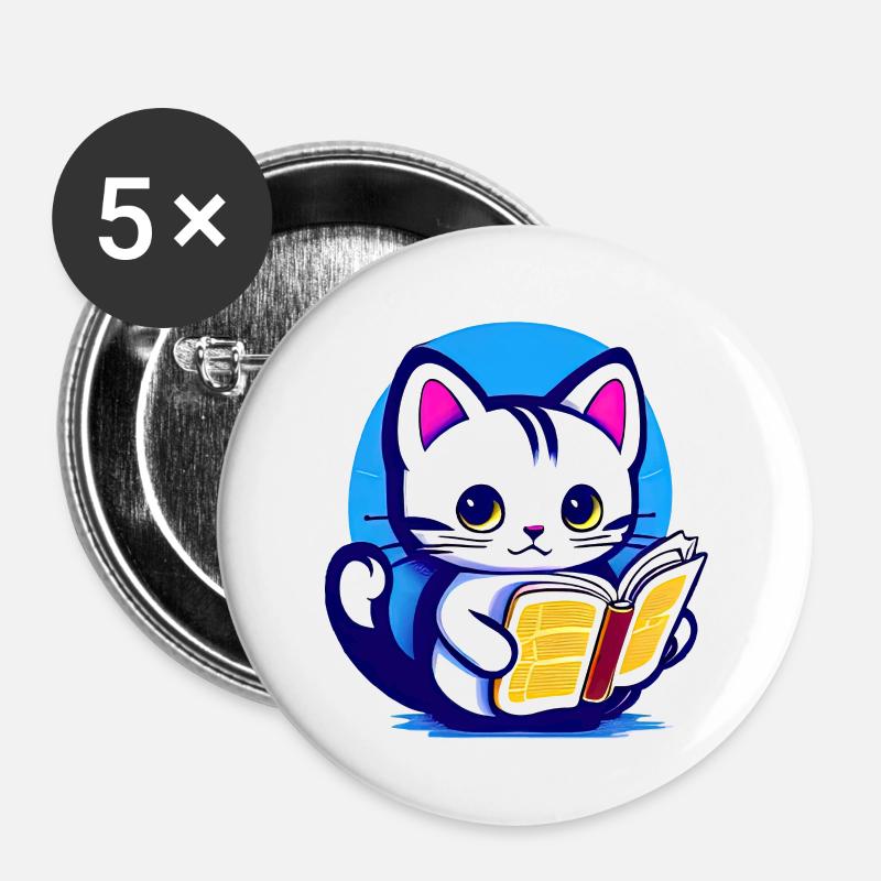 Le chat lit un livre - Lot de 5 petits badges (25 mm) - blanc
