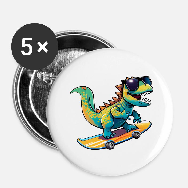 Dino Dinosaur sur skateboard avec lunettes de soleil - Lot de 5 petits badges (25 mm) - blanc