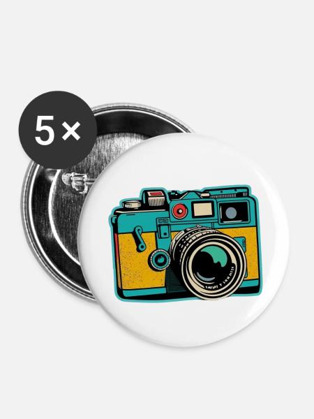 Kamera im Retro-Stil - Buttons klein 25 mm (5er Pack) - Weiß