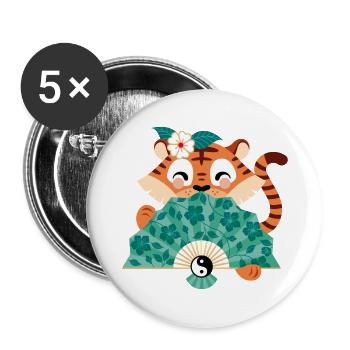 Tiger mit Fächer - Buttons klein 25 mm (5er Pack) - Weiß - Vorne