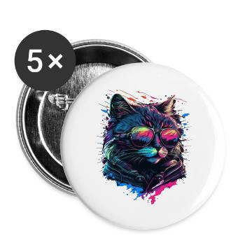 Chat cool - Lot de 5 petits badges (25 mm) - blanc - Devant