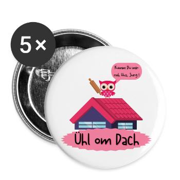 Ühl om Dach- Ärger mit der Frau - Kölsch Köln Eule - Buttons klein 25 mm (5er Pack) - Weiß - Vorne