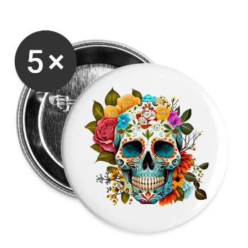 Totenkopf Blumen Bunt - Buttons klein 25 mm (5er Pack) - Weiß - Vorne