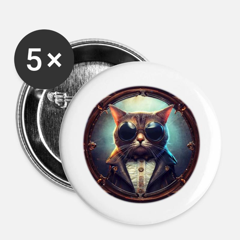 Cat Pilot Steampunk - Buttons small 1''/25 mm (5-pack) - white