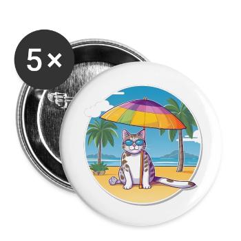 Chat de plage - Lot de 5 petits badges (25 mm) - blanc - Devant