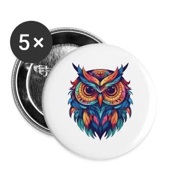 Indie-style owl with colorful feathers - Buttons small 1''/25 mm (5-pack) - white - Front