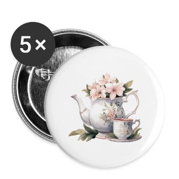 Teapot with flowers - Buttons small 1''/25 mm (5-pack) - white - Front