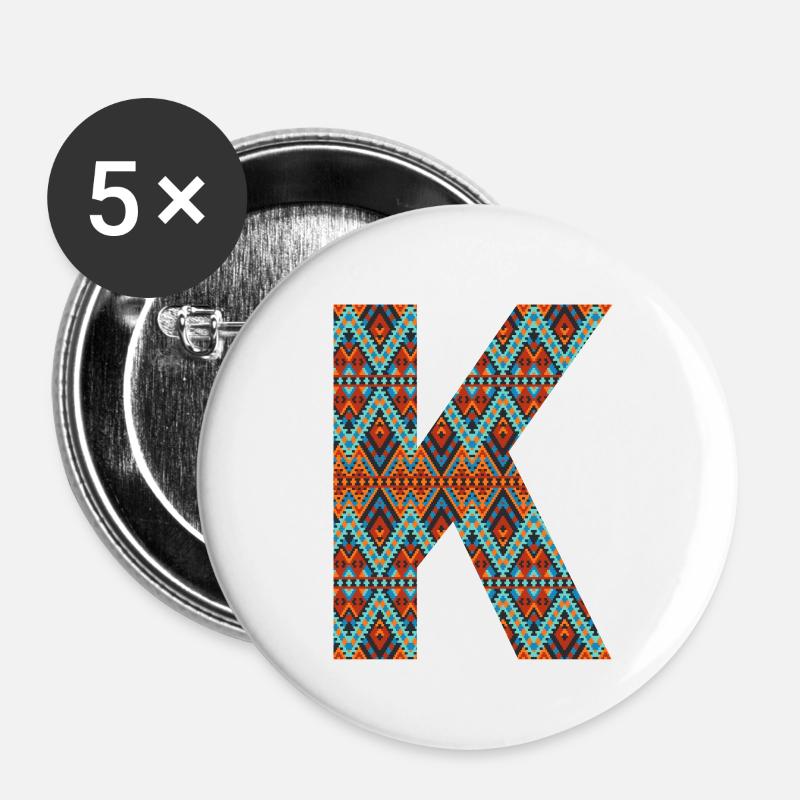 Letter K- boho design, Colorful monogram - Buttons small 1''/25 mm (5-pack) - white