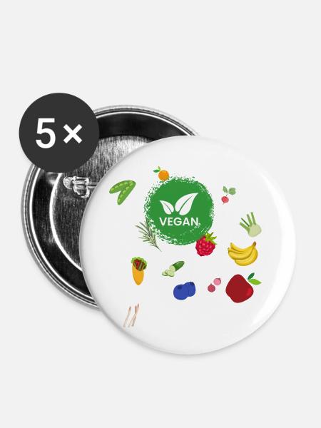 Vegan Obst und Gemüse - Buttons klein 25 mm (5er Pack) - Weiß