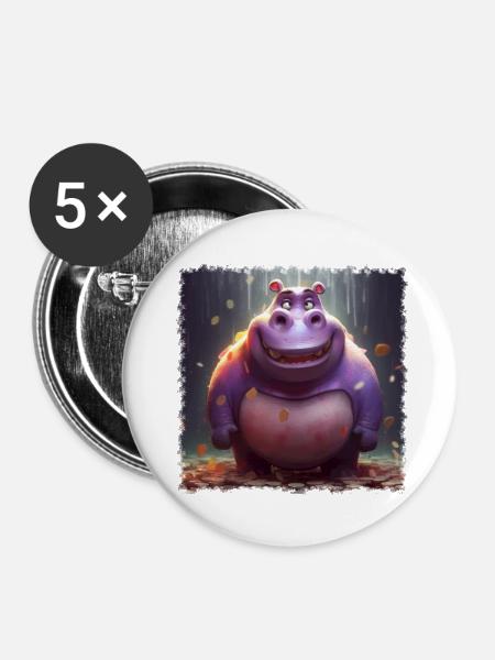 niedliches Hippo - Buttons klein 25 mm (5er Pack) - Weiß
