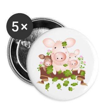 drei Glücksschweine mit vierblättrigen Kleeblätter - Buttons klein 25 mm (5er Pack) - Weiß - Vorne