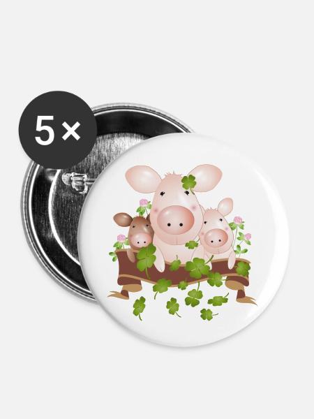 drei Glücksschweine mit vierblättrigen Kleeblätter - Buttons klein 25 mm (5er Pack) - Weiß