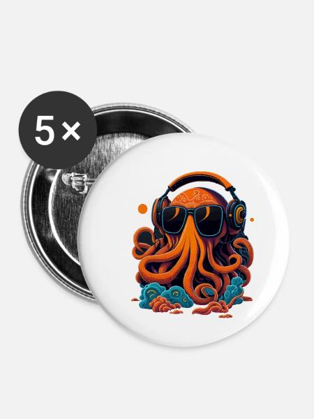 Oktopus mit Sonnenbrille - Buttons klein 25 mm (5er Pack) - Weiß