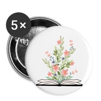 Livre ouvert avec des fleurs en croissance - Lot de 5 petits badges (25 mm) - blanc - Devant