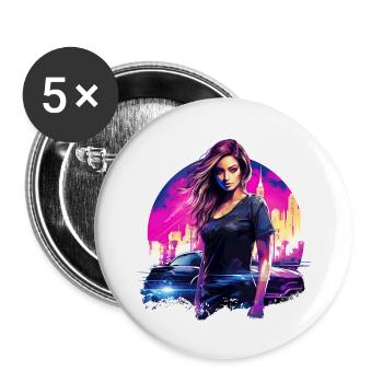 Une femme et sa voiture partent à la conquête de la ville - Lot de 5 petits badges (25 mm) - blanc - Devant