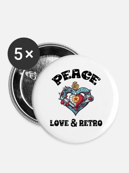 Frieden, Liebe und Retro - Buttons klein 25 mm (5er Pack) - Weiß