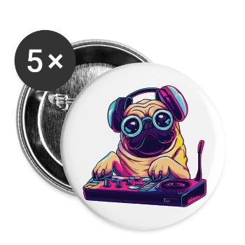 Mops Hund DJ Geschenkidee - DJ Hund - Buttons klein 25 mm (5er Pack) - Weiß - Vorne