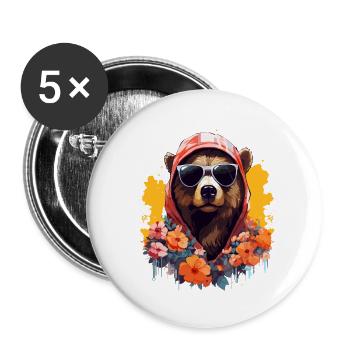 Bear with hoodie and sunglasses with colorful flowers - Buttons small 1''/25 mm (5-pack) - white - Front