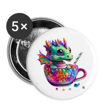 Kleiner Süßer Drache in Tasse voller Süßigkeiten - Buttons klein 25 mm (5er Pack) - Weiß - Vorne