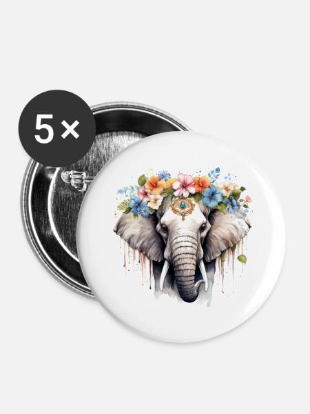 geblumter Elefant - Buttons klein 25 mm (5er Pack) - Weiß