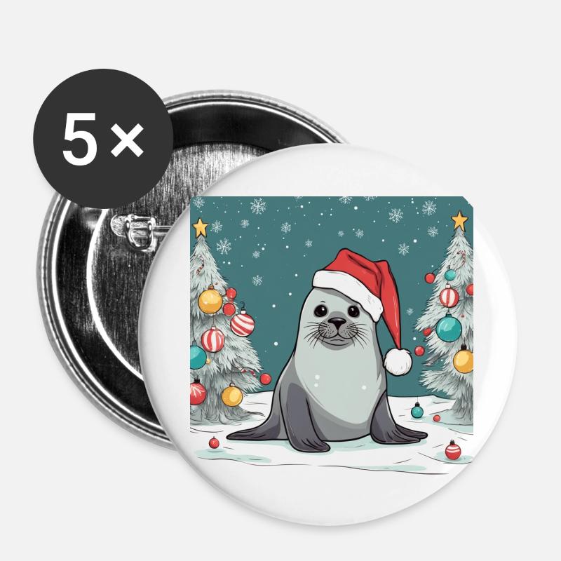 Phoque Noël - Lot de 5 petits badges (25 mm) - blanc