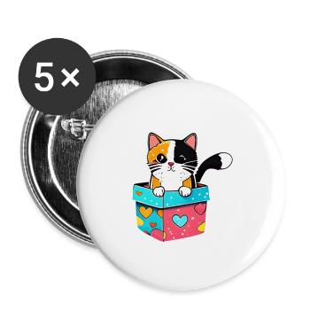 Eine orangefarbene Katze in einer Schachtel mit ihrem leuchtenden - Buttons klein 25 mm (5er Pack) - Weiß - Vorne