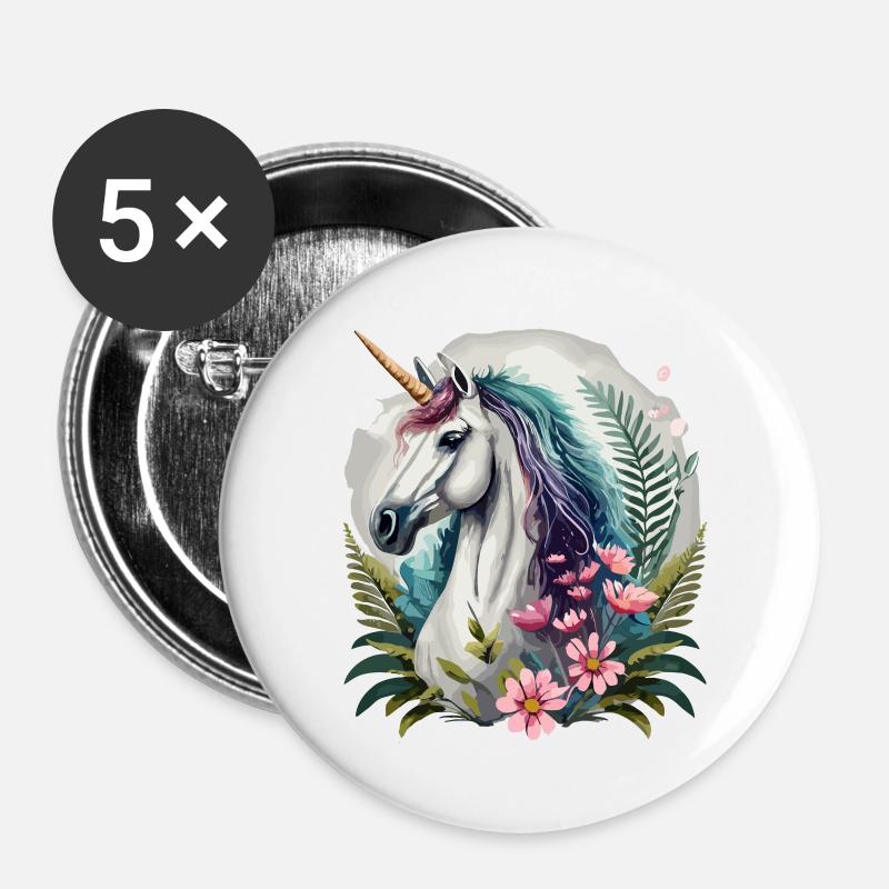 Belle licorne avec des fleurs - Lot de 5 petits badges (25 mm) - blanc