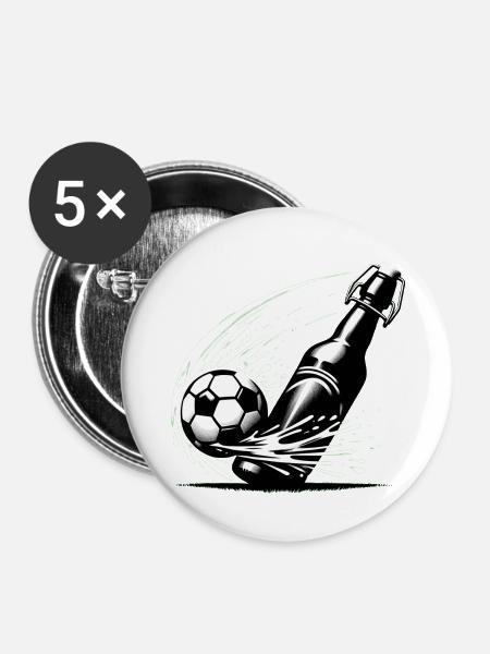 Flasche spielt Fußball | Kickende Bierflasche - Buttons klein 25 mm (5er Pack) - Weiß