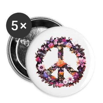 Peace Symbol, Friedenssymbol, Peacezeichen, Blumen - Buttons klein 25 mm (5er Pack) - Weiß - Vorne