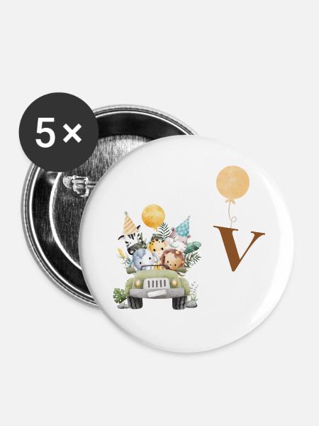 Buchstabe V Safari - Buttons klein 25 mm (5er Pack) - Weiß