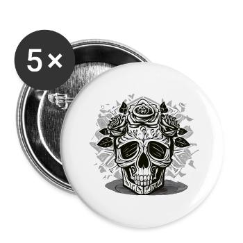 Schwarz-Weiß Schädel & Rosen Design - Buttons klein 25 mm (5er Pack) - Weiß - Vorne