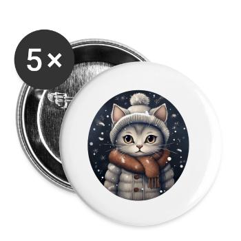 Chat avec chapeau, écharpe et veste dans les chutes de neige - Lot de 5 petits badges (25 mm) - blanc - Devant